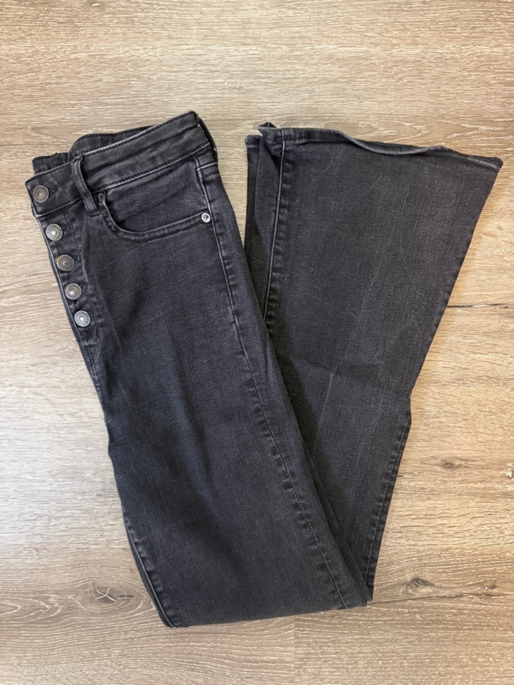 American Eagle Next Level Stretch Black Button-Front Highest Rise Flare Jeans
